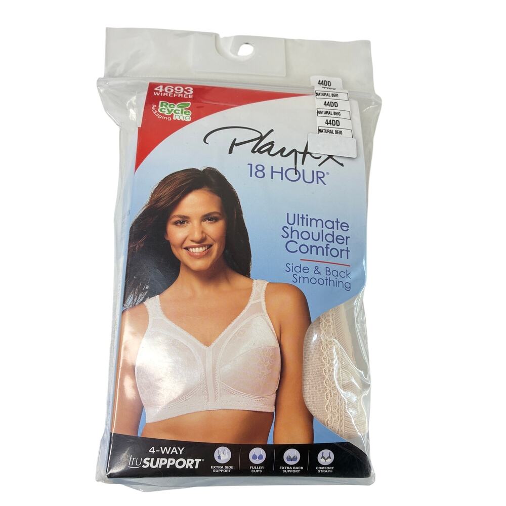 Playtex 4693 Wirefree Beige 18 Hour Ultimate Shoulder Comfort Bra NWT 44DD